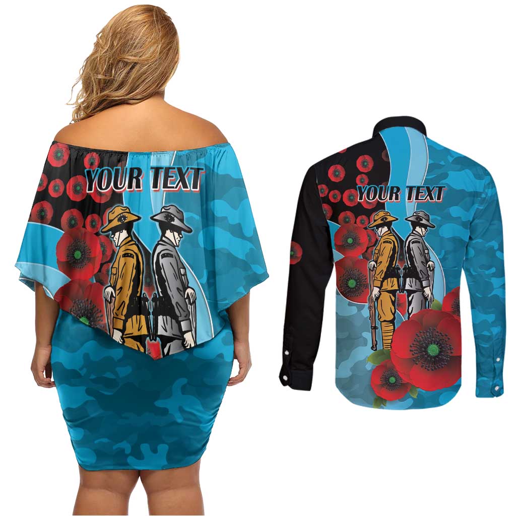 Cronulla-Sutherland Sharks ANZAC Personalised Couples Matching Off Shoulder Short Dress and Long Sleeve Button Shirt Lest We Forget Poppy Camo