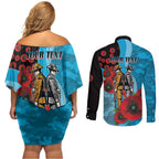 Cronulla-Sutherland Sharks ANZAC Personalised Couples Matching Off Shoulder Short Dress and Long Sleeve Button Shirt Lest We Forget Poppy Camo