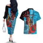 Cronulla-Sutherland Sharks ANZAC Personalised Couples Matching Off The Shoulder Long Sleeve Dress and Hawaiian Shirt Lest We Forget Poppy Camo