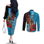 Cronulla-Sutherland Sharks ANZAC Personalised Couples Matching Off The Shoulder Long Sleeve Dress and Long Sleeve Button Shirt Lest We Forget Poppy Camo
