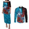 Cronulla-Sutherland Sharks ANZAC Personalised Couples Matching Puletasi and Long Sleeve Button Shirt Lest We Forget Poppy Camo