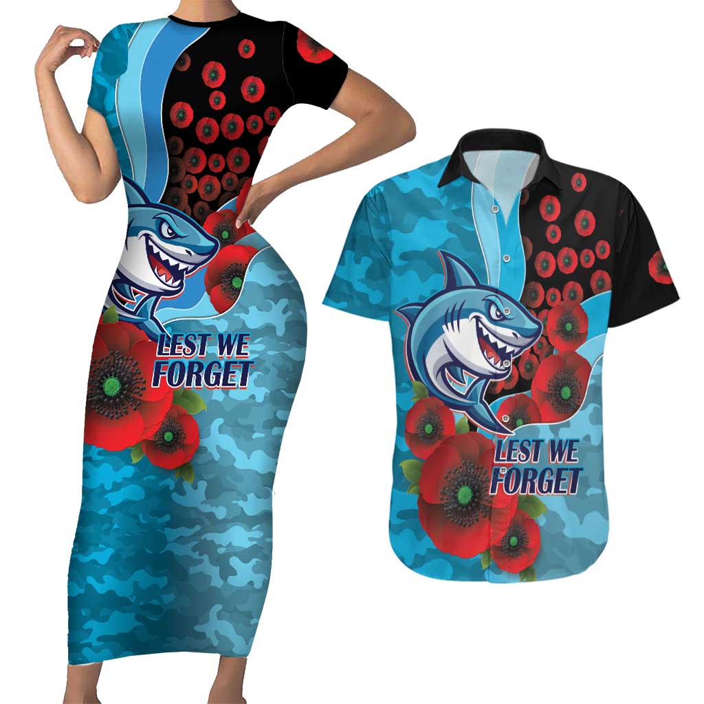 Cronulla-Sutherland Sharks ANZAC Personalised Couples Matching Short Sleeve Bodycon Dress and Hawaiian Shirt Lest We Forget Poppy Camo