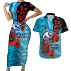 Cronulla-Sutherland Sharks ANZAC Personalised Couples Matching Short Sleeve Bodycon Dress and Hawaiian Shirt Lest We Forget Poppy Camo