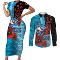 Cronulla-Sutherland Sharks ANZAC Personalised Couples Matching Short Sleeve Bodycon Dress and Long Sleeve Button Shirt Lest We Forget Poppy Camo