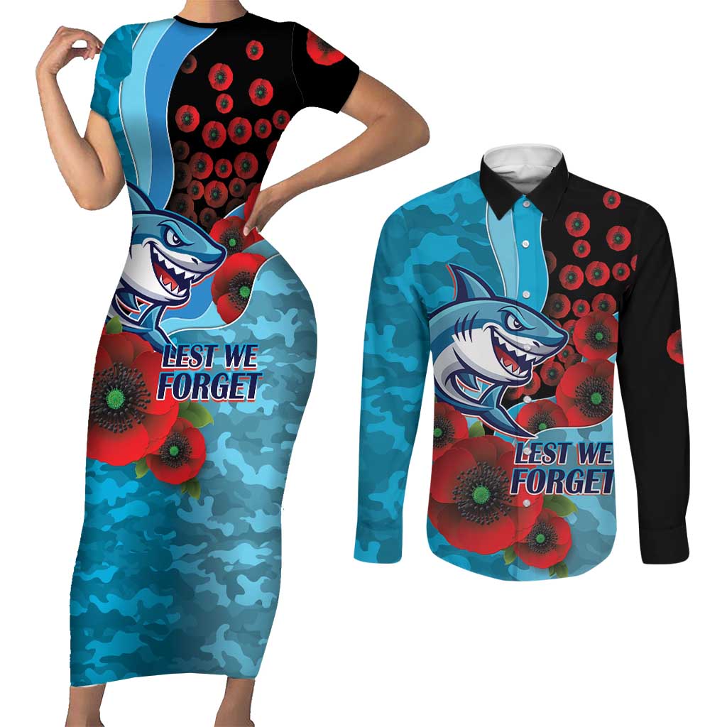 Cronulla-Sutherland Sharks ANZAC Personalised Couples Matching Short Sleeve Bodycon Dress and Long Sleeve Button Shirt Lest We Forget Poppy Camo