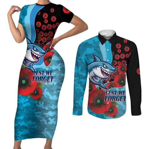 Cronulla-Sutherland Sharks ANZAC Personalised Couples Matching Short Sleeve Bodycon Dress and Long Sleeve Button Shirt Lest We Forget Poppy Camo