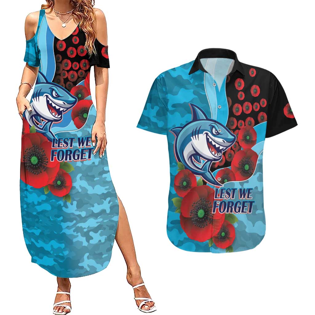 Cronulla-Sutherland Sharks ANZAC Personalised Couples Matching Summer Maxi Dress and Hawaiian Shirt Lest We Forget Poppy Camo