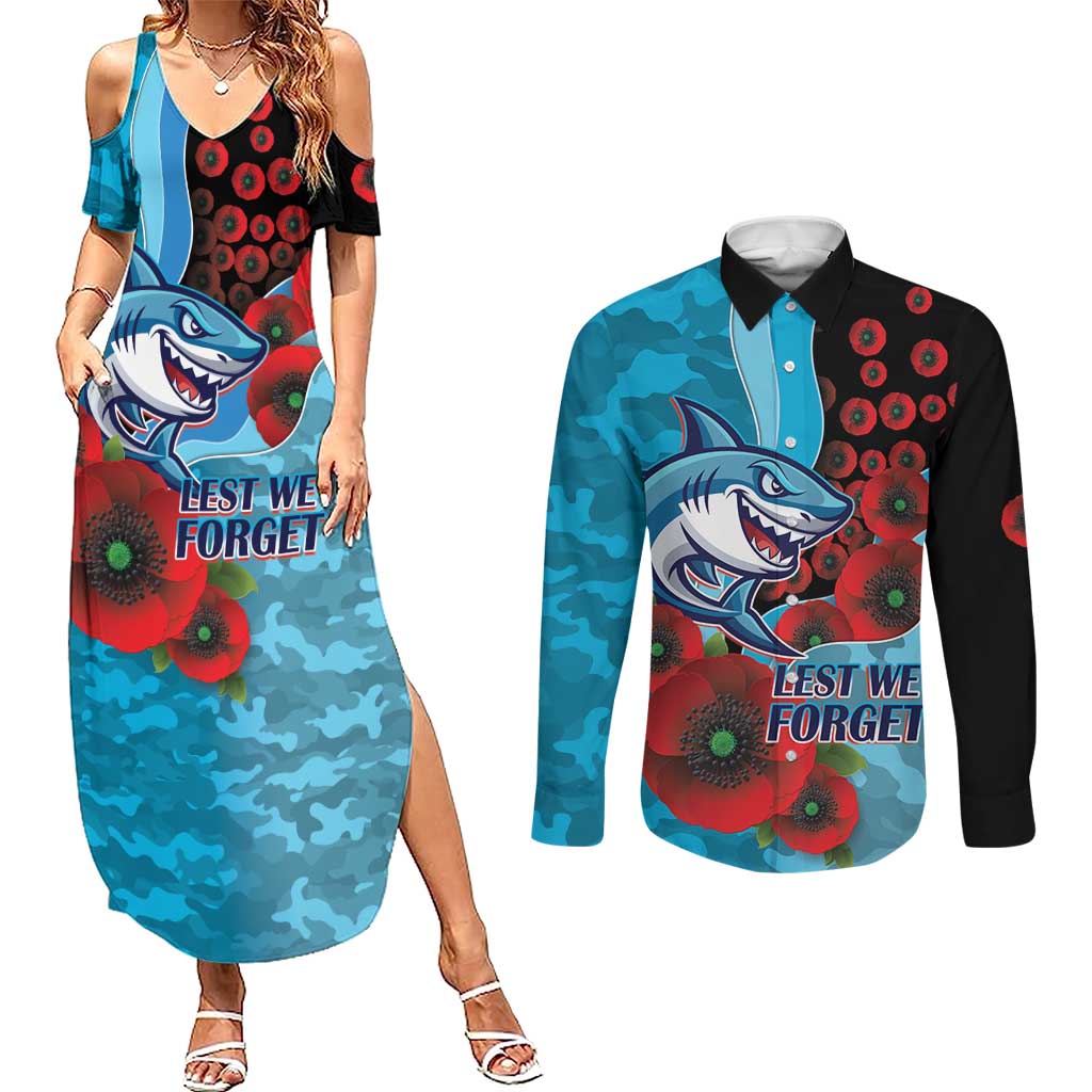 Cronulla-Sutherland Sharks ANZAC Personalised Couples Matching Summer Maxi Dress and Long Sleeve Button Shirt Lest We Forget Poppy Camo
