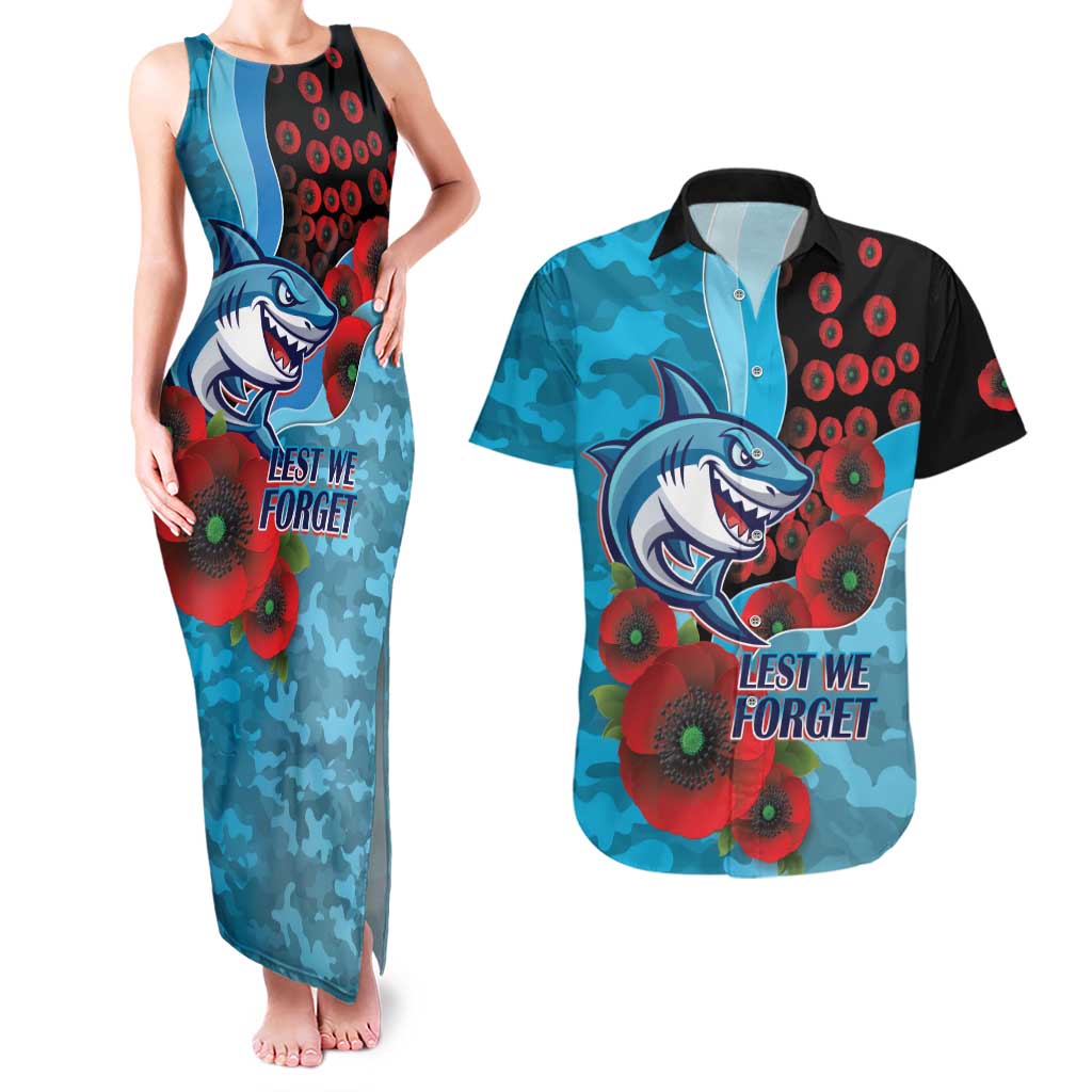 Cronulla-Sutherland Sharks ANZAC Personalised Couples Matching Tank Maxi Dress and Hawaiian Shirt Lest We Forget Poppy Camo