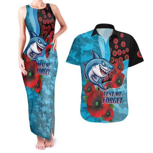 Cronulla-Sutherland Sharks ANZAC Personalised Couples Matching Tank Maxi Dress and Hawaiian Shirt Lest We Forget Poppy Camo