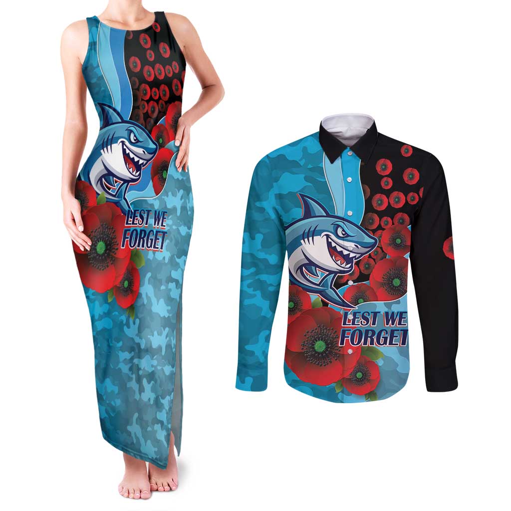 Cronulla-Sutherland Sharks ANZAC Personalised Couples Matching Tank Maxi Dress and Long Sleeve Button Shirt Lest We Forget Poppy Camo