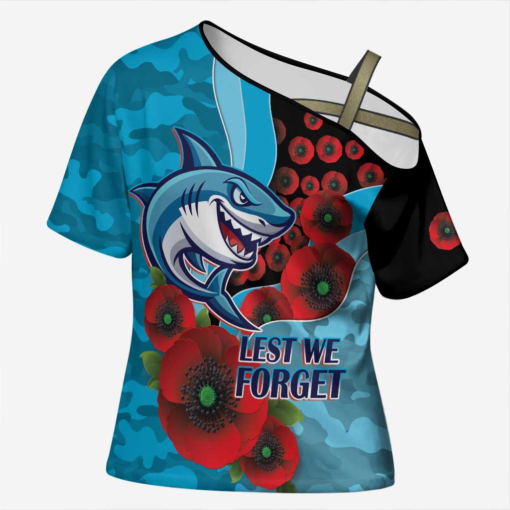 Cronulla-Sutherland Sharks ANZAC Personalised Cross Shoulder Shirt Lest We Forget Poppy Camo
