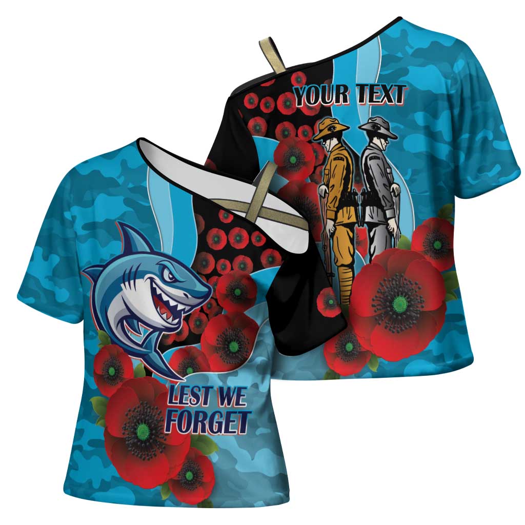 Cronulla-Sutherland Sharks ANZAC Personalised Cross Shoulder Shirt Lest We Forget Poppy Camo