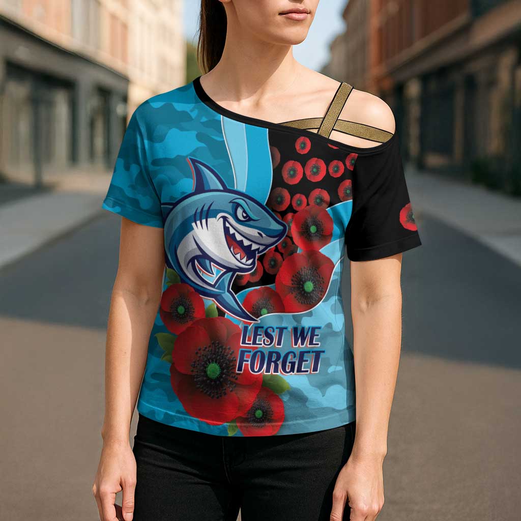 Cronulla-Sutherland Sharks ANZAC Personalised Cross Shoulder Shirt Lest We Forget Poppy Camo