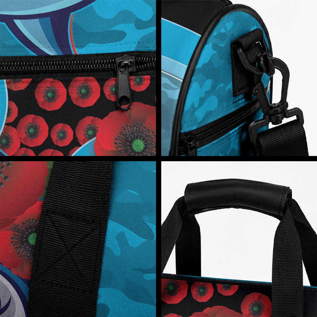 Cronulla-Sutherland Sharks ANZAC Personalised Duffle Bag Lest We Forget Poppy Camo