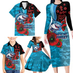 Cronulla-Sutherland Sharks ANZAC Personalised Family Matching Long Sleeve Bodycon Dress and Hawaiian Shirt Lest We Forget Poppy Camo