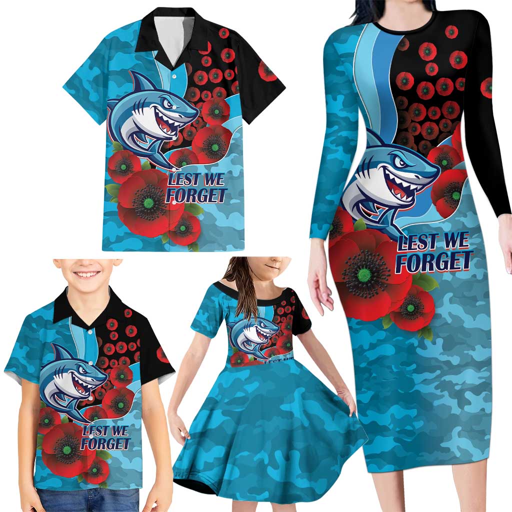 Cronulla-Sutherland Sharks ANZAC Personalised Family Matching Long Sleeve Bodycon Dress and Hawaiian Shirt Lest We Forget Poppy Camo