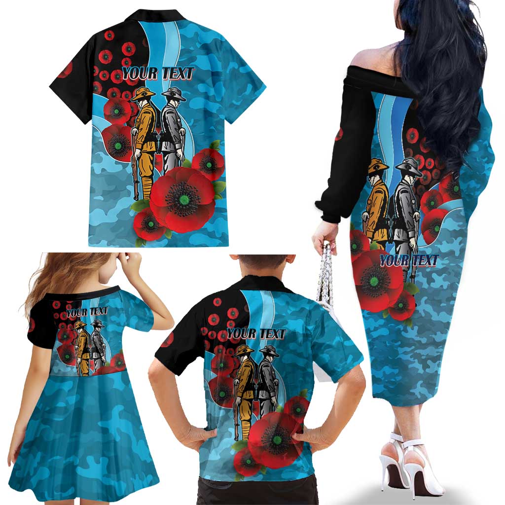 Cronulla-Sutherland Sharks ANZAC Personalised Family Matching Off The Shoulder Long Sleeve Dress and Hawaiian Shirt Lest We Forget Poppy Camo
