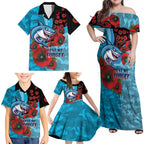Cronulla-Sutherland Sharks ANZAC Personalised Family Matching Off Shoulder Maxi Dress and Hawaiian Shirt Lest We Forget Poppy Camo