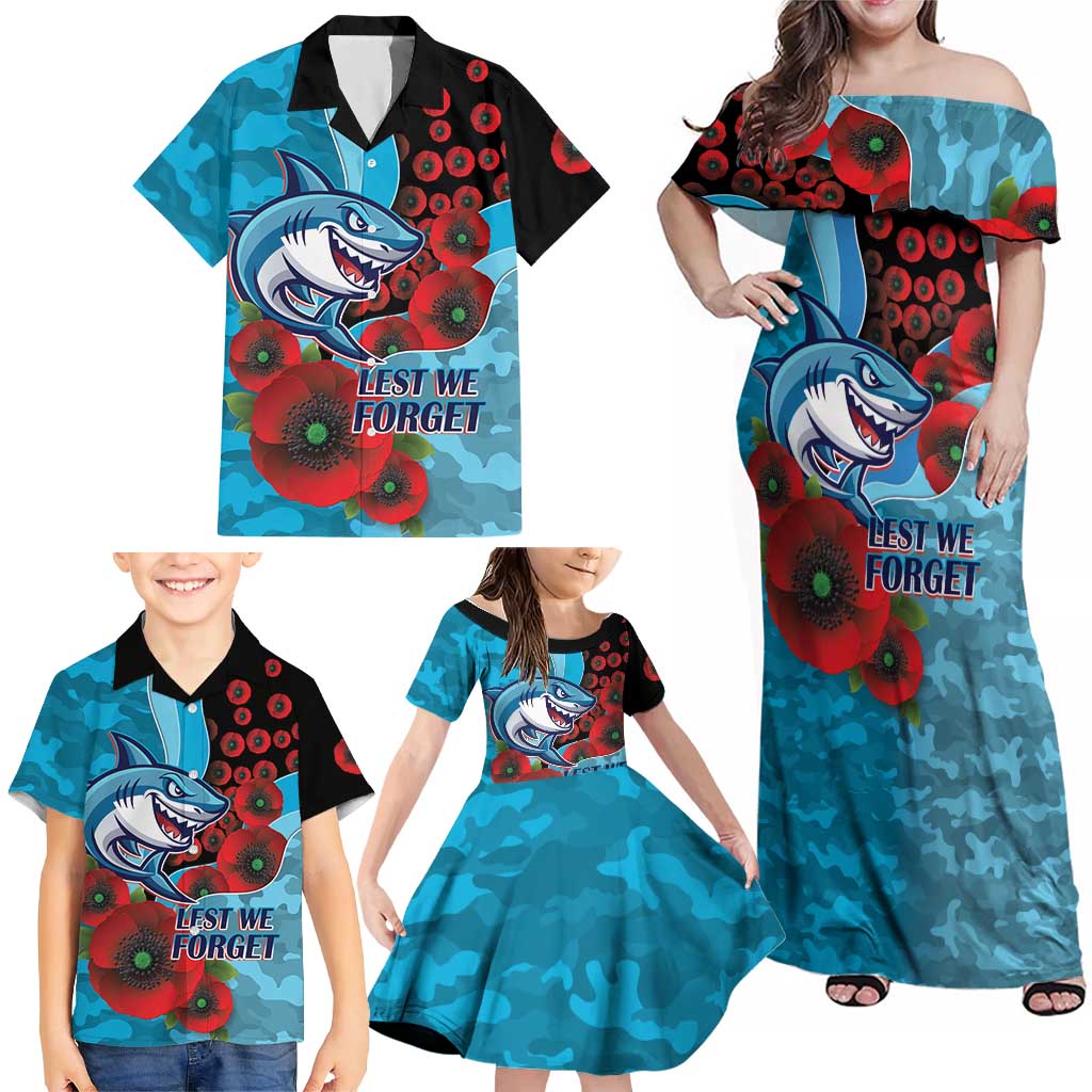 Cronulla-Sutherland Sharks ANZAC Personalised Family Matching Off Shoulder Maxi Dress and Hawaiian Shirt Lest We Forget Poppy Camo