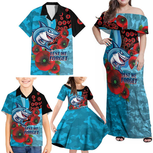 Cronulla-Sutherland Sharks ANZAC Personalised Family Matching Off Shoulder Maxi Dress and Hawaiian Shirt Lest We Forget Poppy Camo