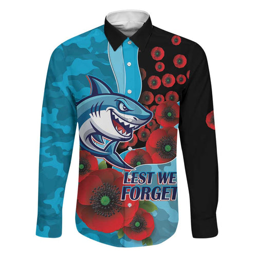 Cronulla-Sutherland Sharks ANZAC Personalised Family Matching Off Shoulder Maxi Dress and Hawaiian Shirt Lest We Forget Poppy Camo