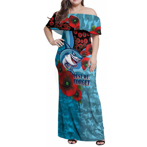 Cronulla-Sutherland Sharks ANZAC Personalised Family Matching Off Shoulder Maxi Dress and Hawaiian Shirt Lest We Forget Poppy Camo