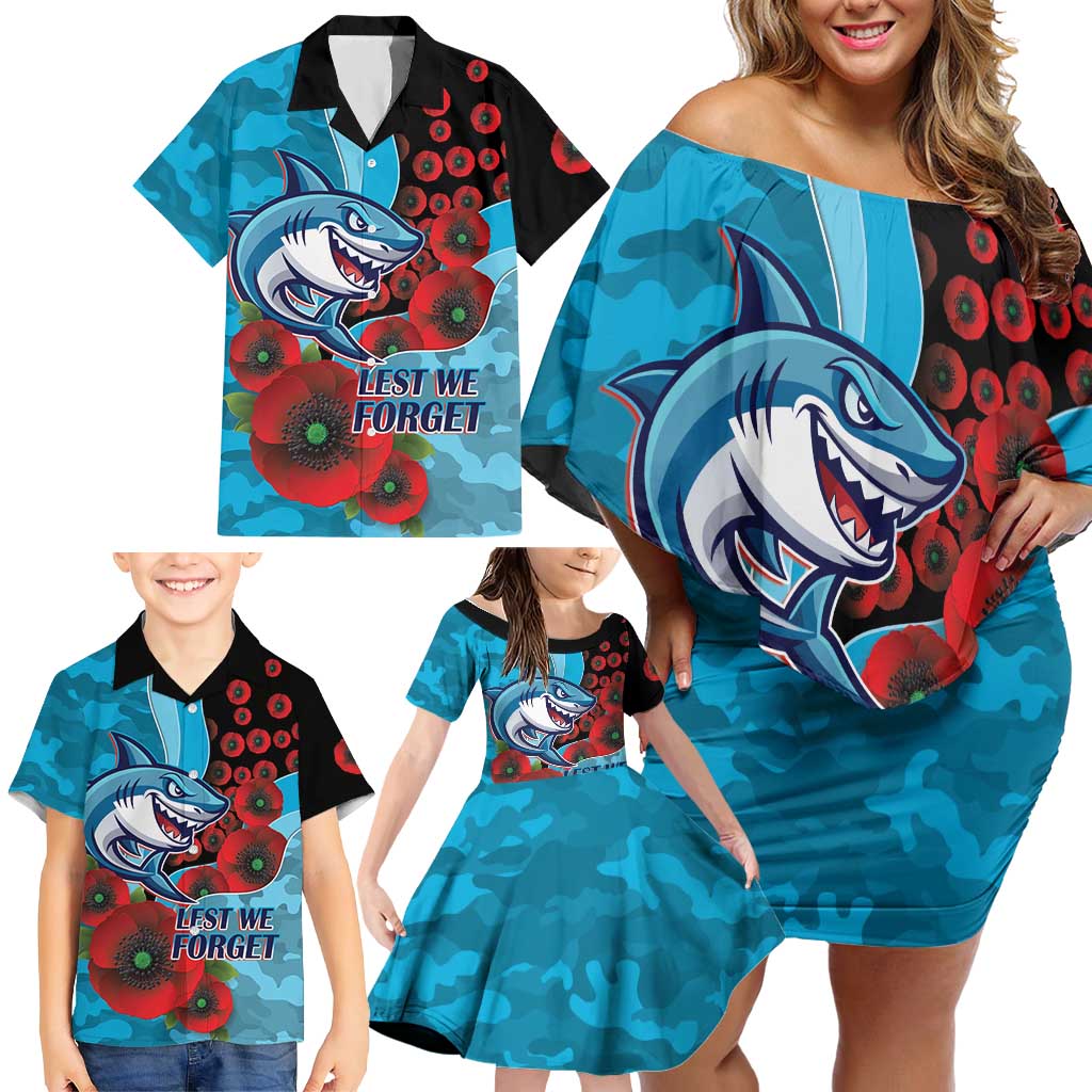 Cronulla-Sutherland Sharks ANZAC Personalised Family Matching Off Shoulder Short Dress and Hawaiian Shirt Lest We Forget Poppy Camo