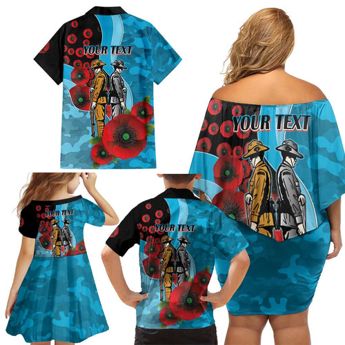 Cronulla-Sutherland Sharks ANZAC Personalised Family Matching Off Shoulder Short Dress and Hawaiian Shirt Lest We Forget Poppy Camo