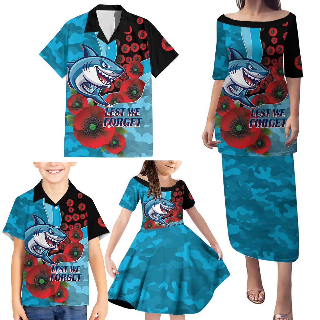 Cronulla-Sutherland Sharks ANZAC Personalised Family Matching Puletasi and Hawaiian Shirt Lest We Forget Poppy Camo
