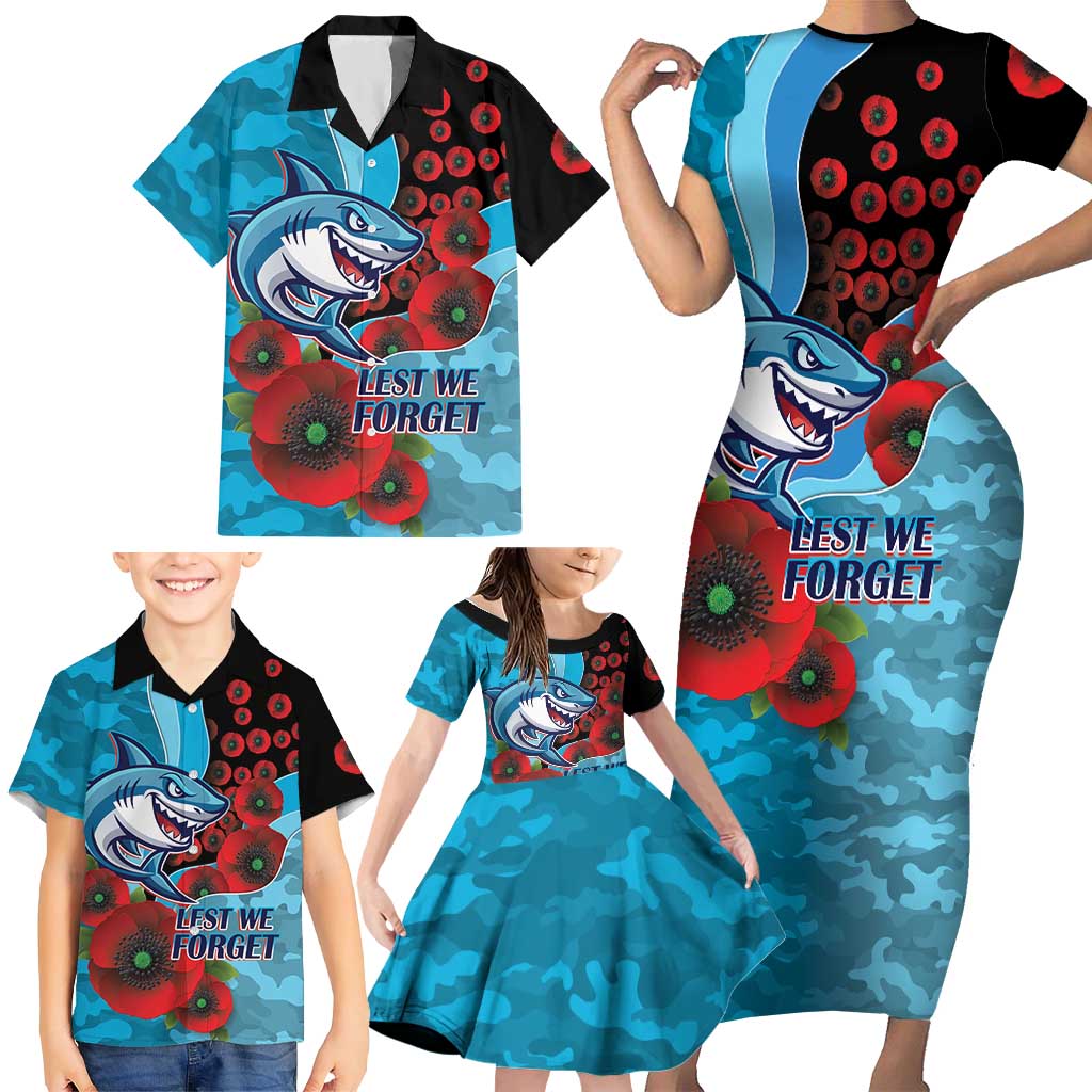 Cronulla-Sutherland Sharks ANZAC Personalised Family Matching Short Sleeve Bodycon Dress and Hawaiian Shirt Lest We Forget Poppy Camo