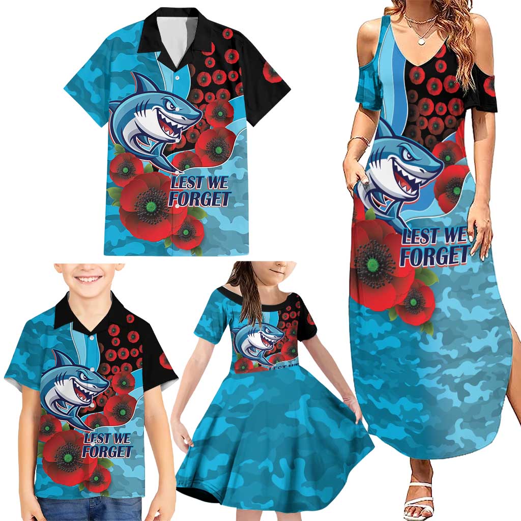 Cronulla-Sutherland Sharks ANZAC Personalised Family Matching Summer Maxi Dress and Hawaiian Shirt Lest We Forget Poppy Camo