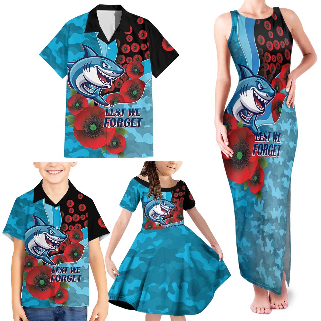 Cronulla-Sutherland Sharks ANZAC Personalised Family Matching Tank Maxi Dress and Hawaiian Shirt Lest We Forget Poppy Camo