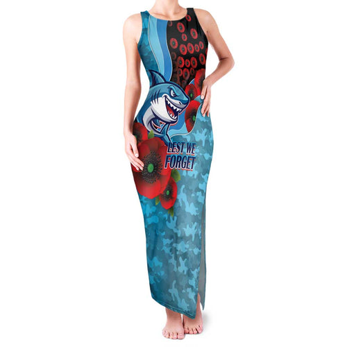 Cronulla-Sutherland Sharks ANZAC Personalised Family Matching Tank Maxi Dress and Hawaiian Shirt Lest We Forget Poppy Camo