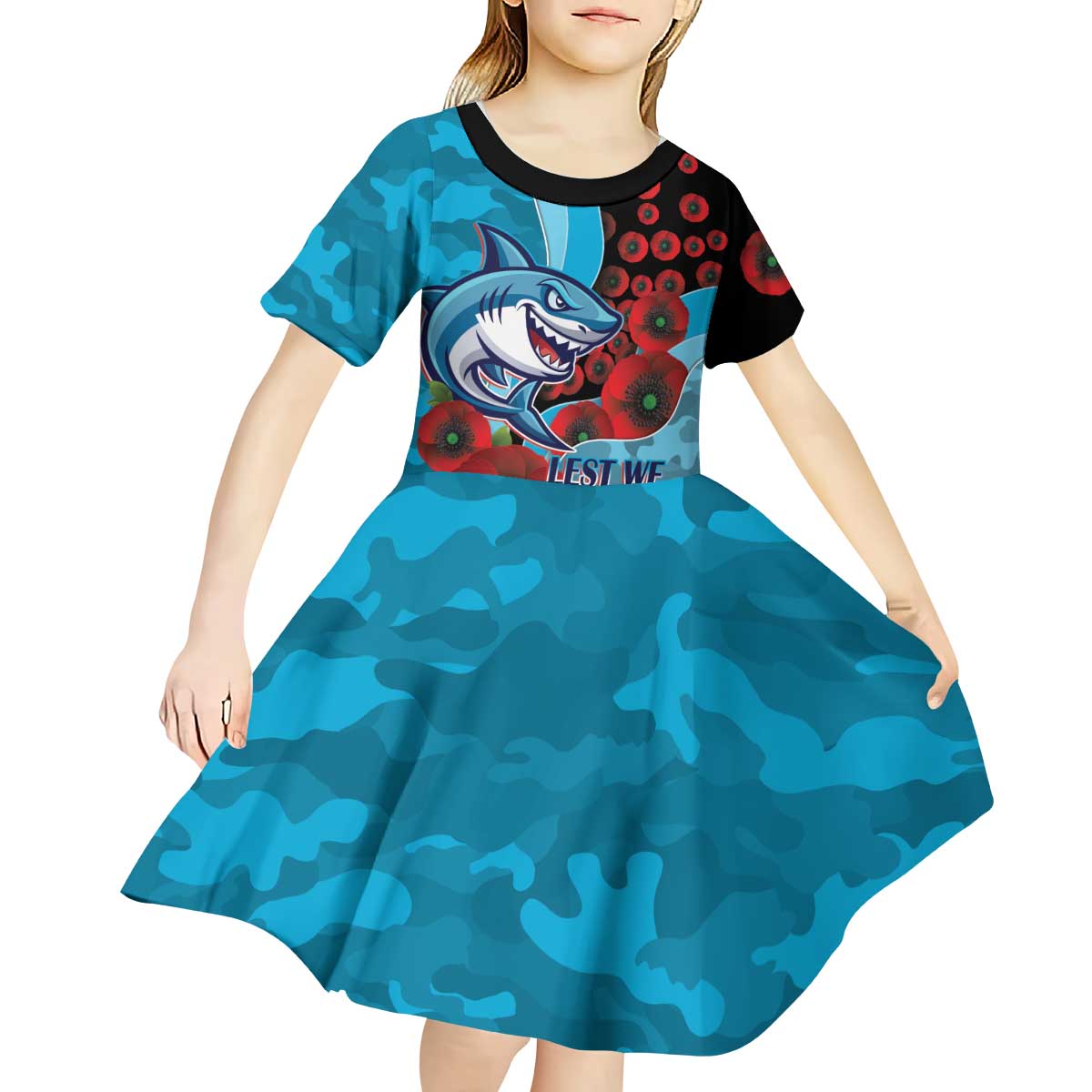 Cronulla-Sutherland Sharks ANZAC Personalised Kid Short Sleeve Dress Lest We Forget Poppy Camo