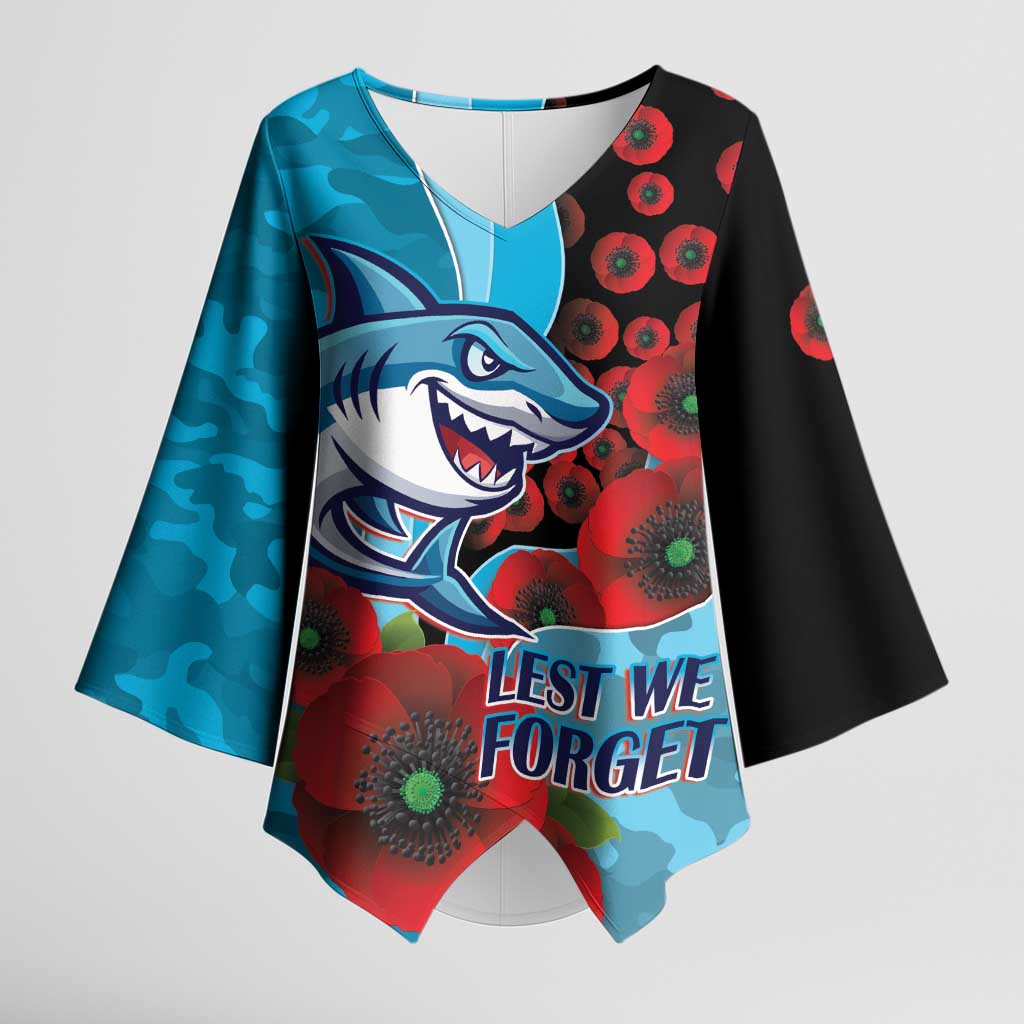 Cronulla-Sutherland Sharks ANZAC Personalised Kimono Sleeve Blouse Lest We Forget Poppy Camo
