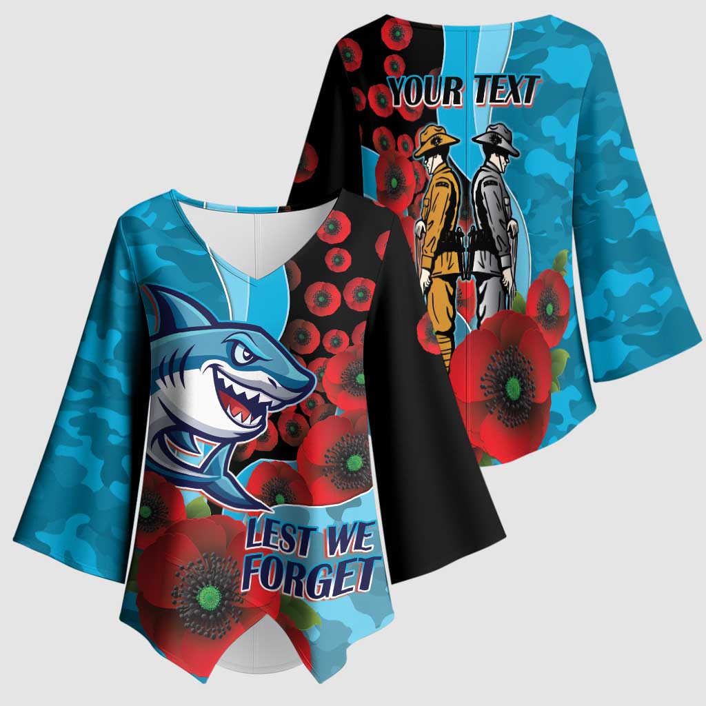 Cronulla-Sutherland Sharks ANZAC Personalised Kimono Sleeve Blouse Lest We Forget Poppy Camo