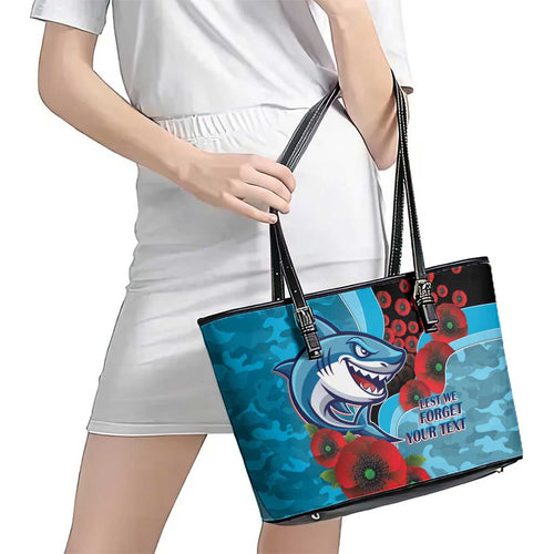 Cronulla-Sutherland Sharks ANZAC Personalised Leather Tote Bag Lest We Forget Poppy Camo