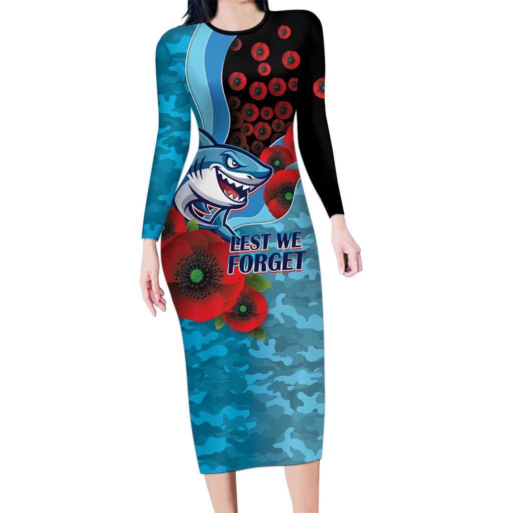 Cronulla-Sutherland Sharks ANZAC Personalised Long Sleeve Bodycon Dress Lest We Forget Poppy Camo