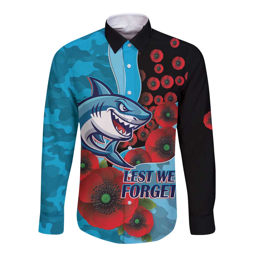 Cronulla-Sutherland Sharks ANZAC Personalised Long Sleeve Button Shirt Lest We Forget Poppy Camo