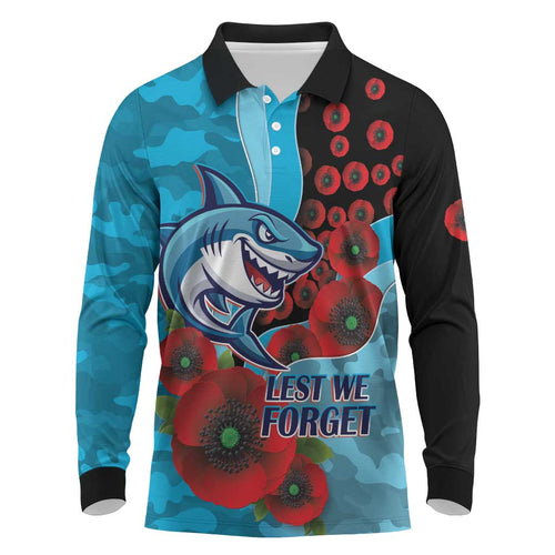 Cronulla-Sutherland Sharks ANZAC Personalised Long Sleeve Polo Shirt Lest We Forget Poppy Camo