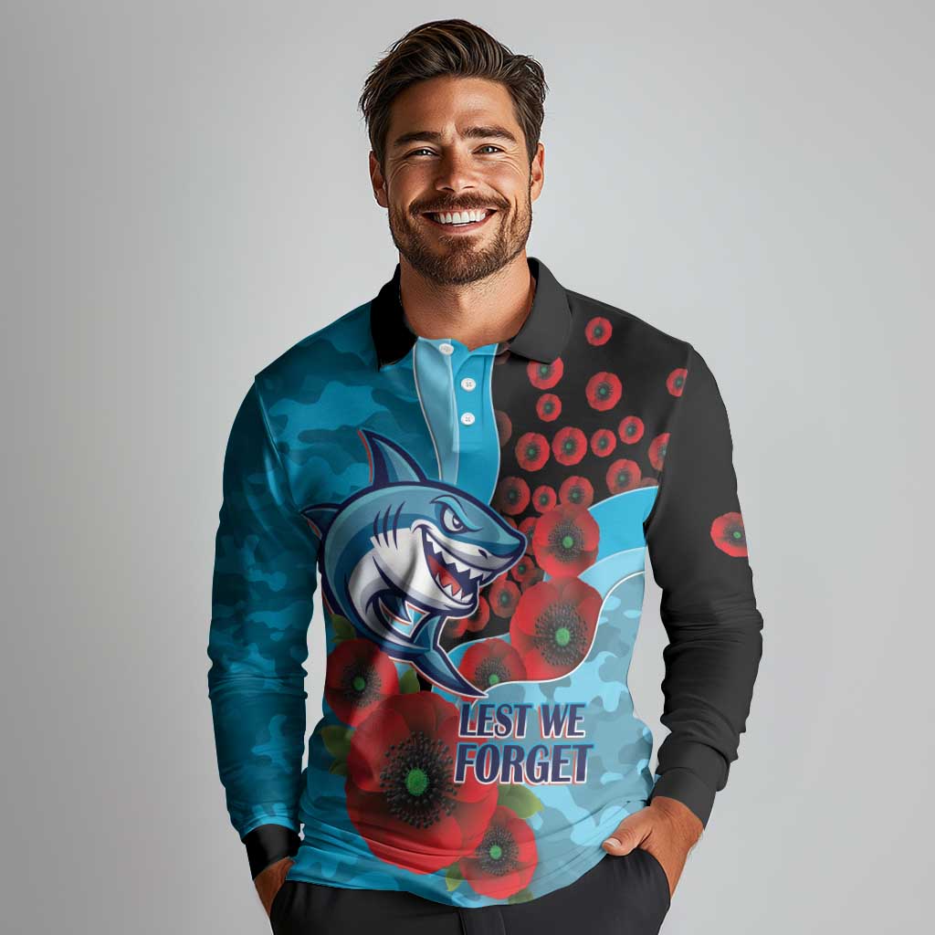 Cronulla-Sutherland Sharks ANZAC Personalised Long Sleeve Polo Shirt Lest We Forget Poppy Camo
