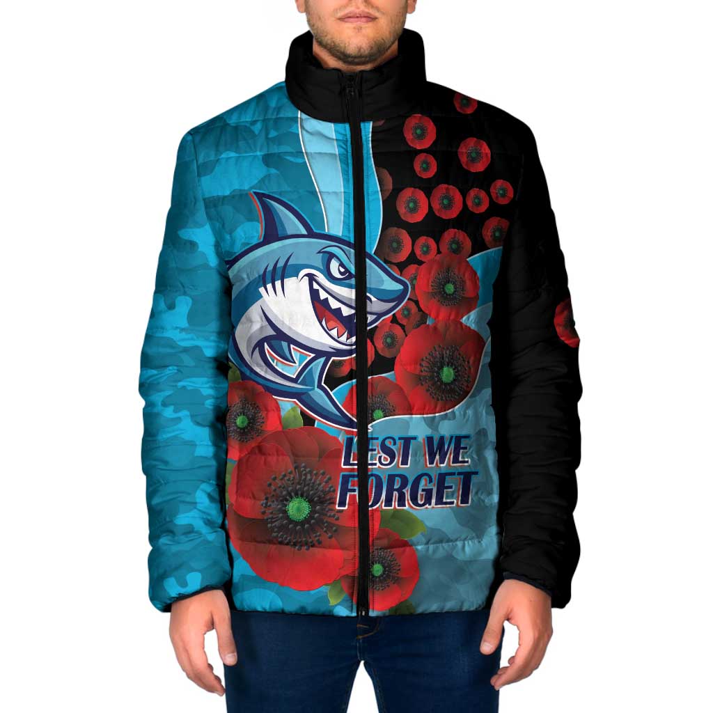 Cronulla-Sutherland Sharks ANZAC Personalised Padded Jacket Lest We Forget Poppy Camo