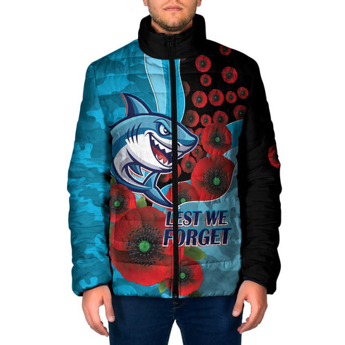 Cronulla-Sutherland Sharks ANZAC Personalised Padded Jacket Lest We Forget Poppy Camo