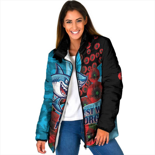Cronulla-Sutherland Sharks ANZAC Personalised Padded Jacket Lest We Forget Poppy Camo