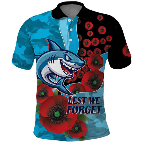 Cronulla-Sutherland Sharks ANZAC Personalised Polo Shirt Lest We Forget Poppy Camo