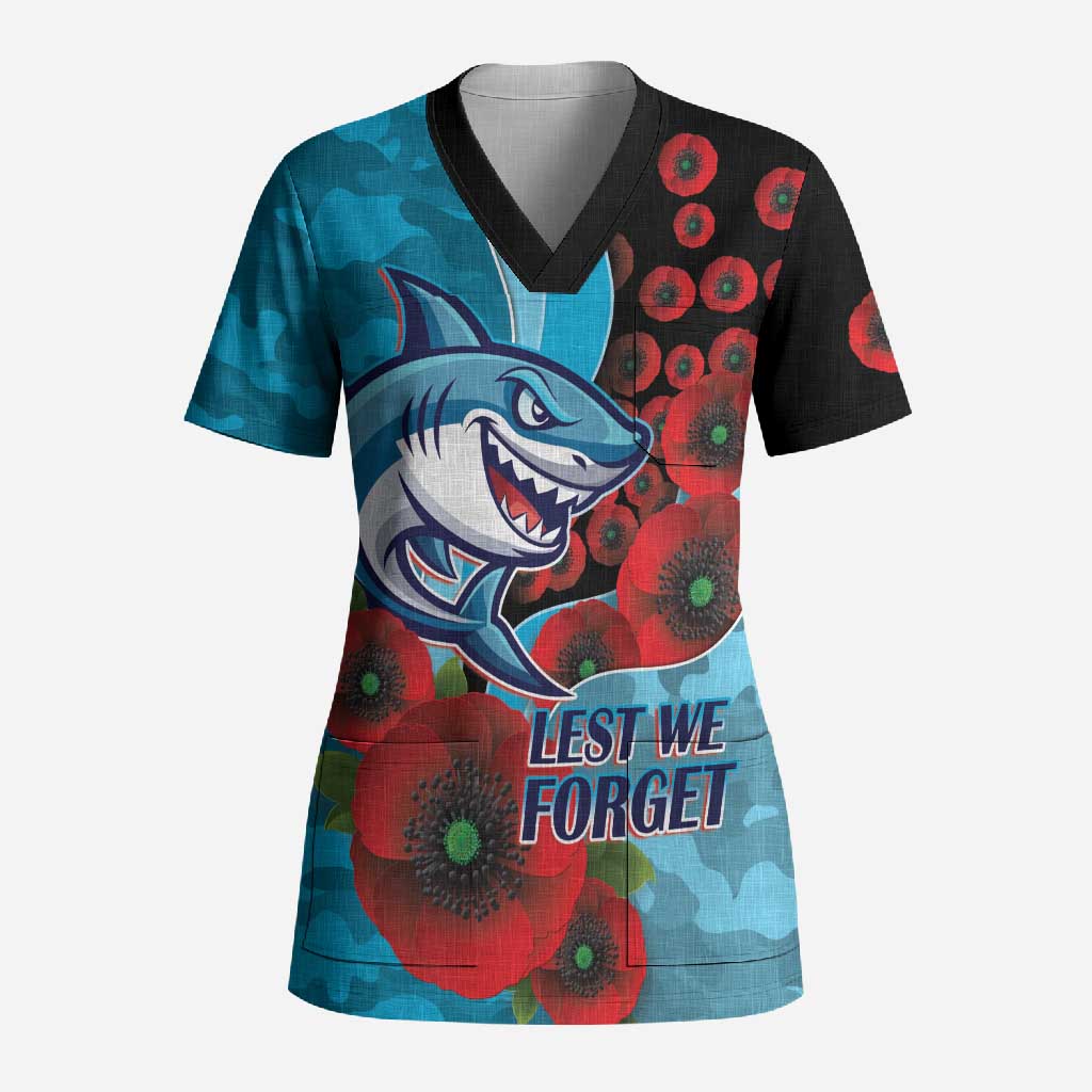 Cronulla-Sutherland Sharks ANZAC Personalised Scrub Top Lest We Forget Poppy Camo