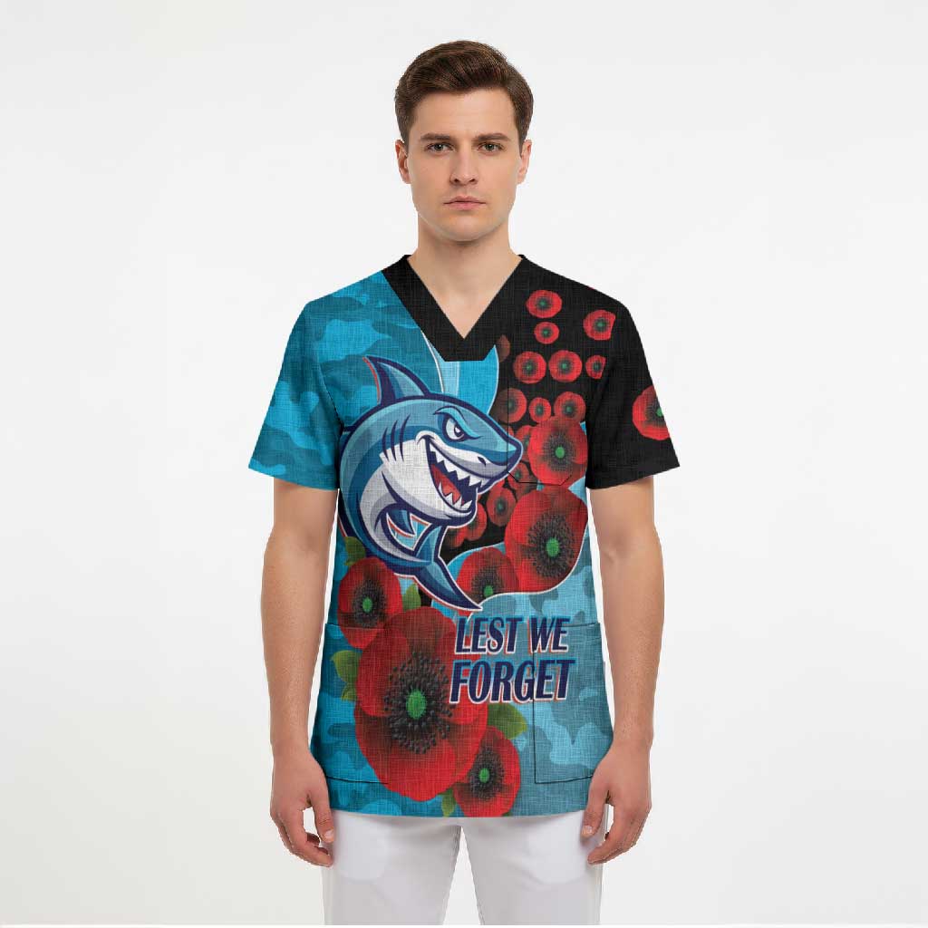Cronulla-Sutherland Sharks ANZAC Personalised Scrub Top Lest We Forget Poppy Camo