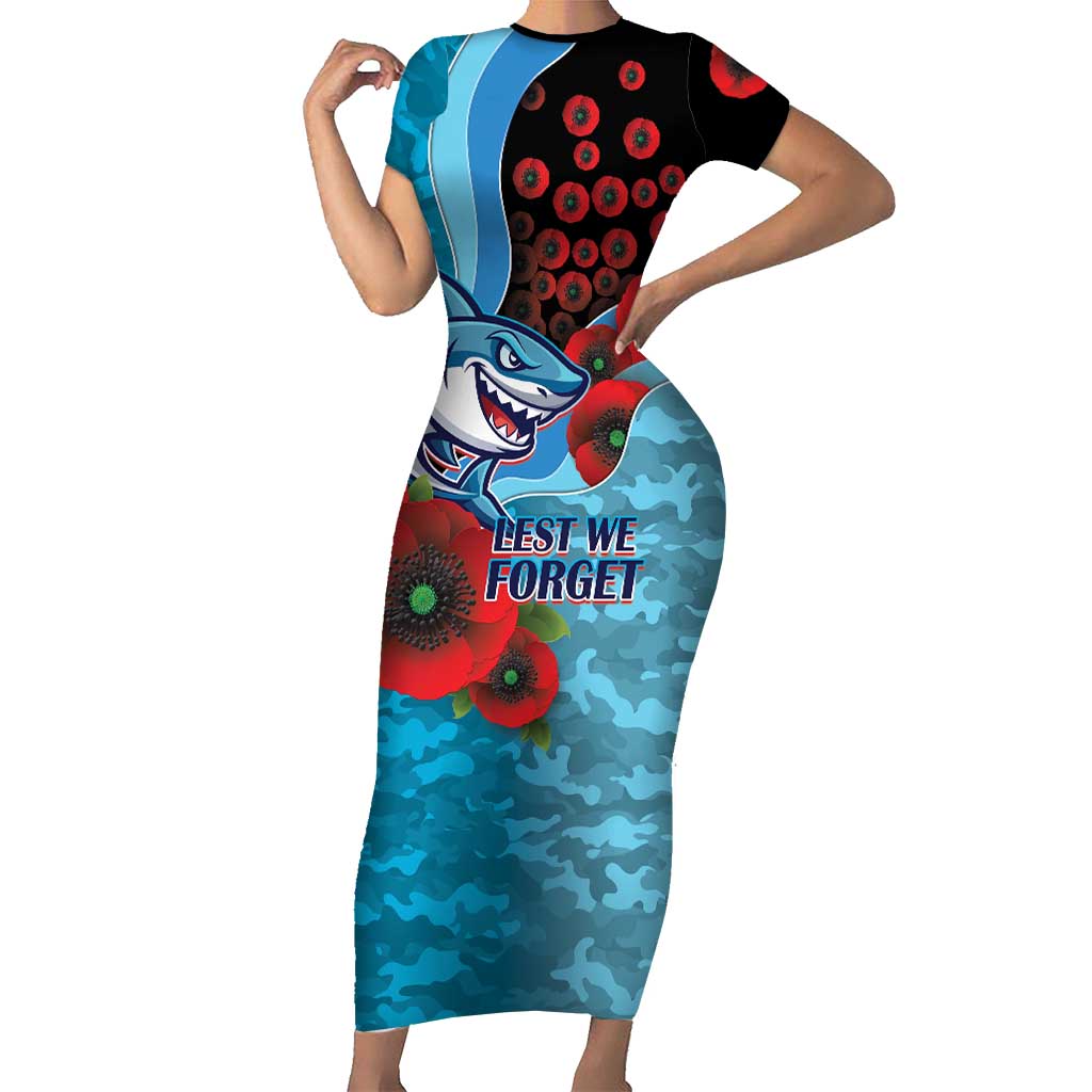 Cronulla-Sutherland Sharks ANZAC Personalised Short Sleeve Bodycon Dress Lest We Forget Poppy Camo