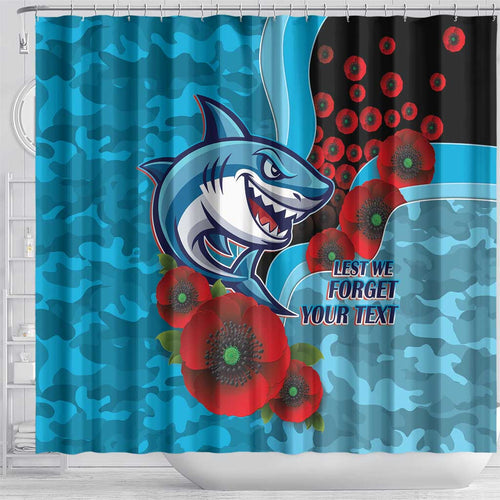 Cronulla-Sutherland Sharks ANZAC Personalised Shower Curtain Lest We Forget Poppy Camo